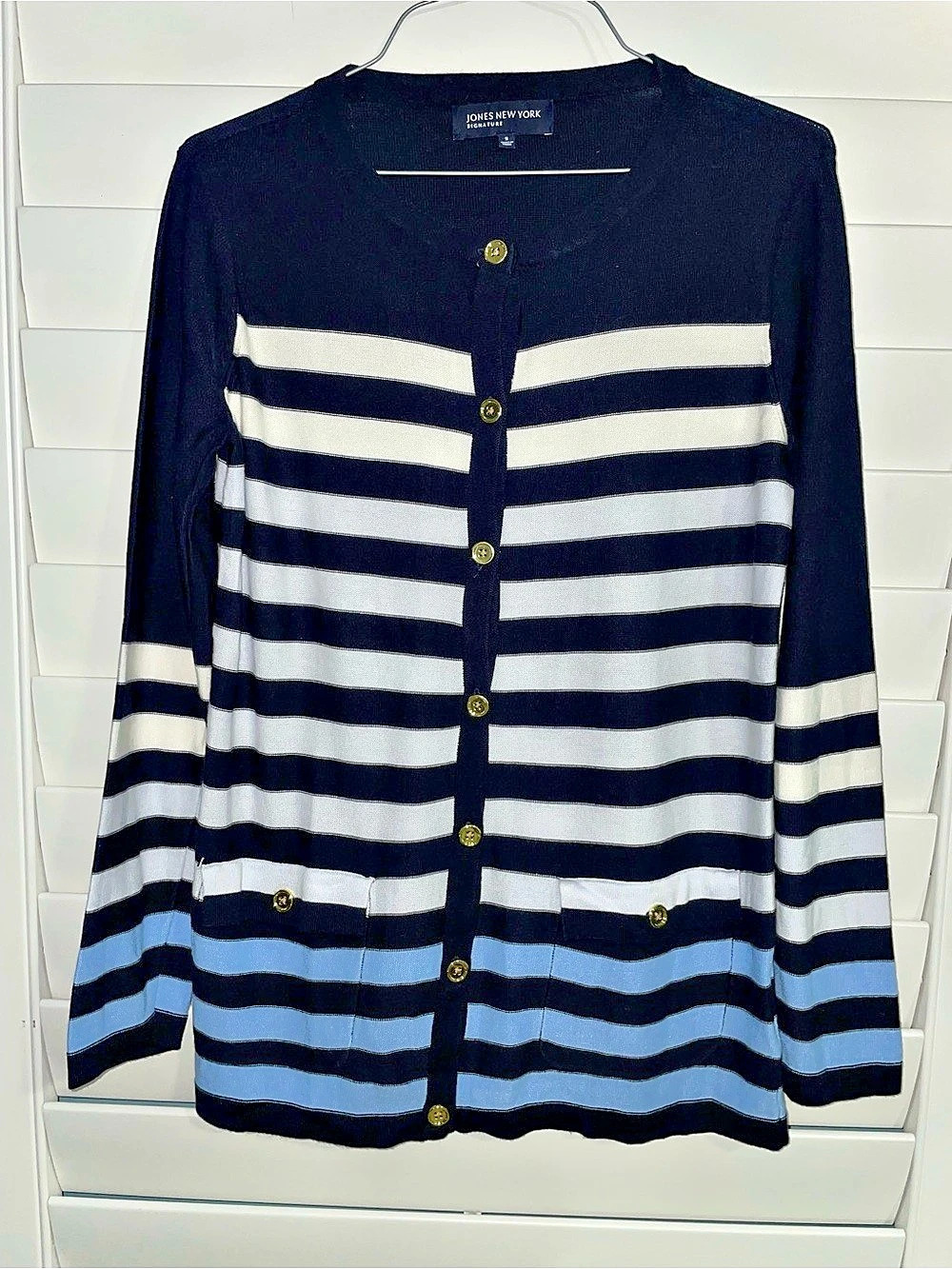Jones New York Signature Striped Button Front Cardigan Blue & Black Small